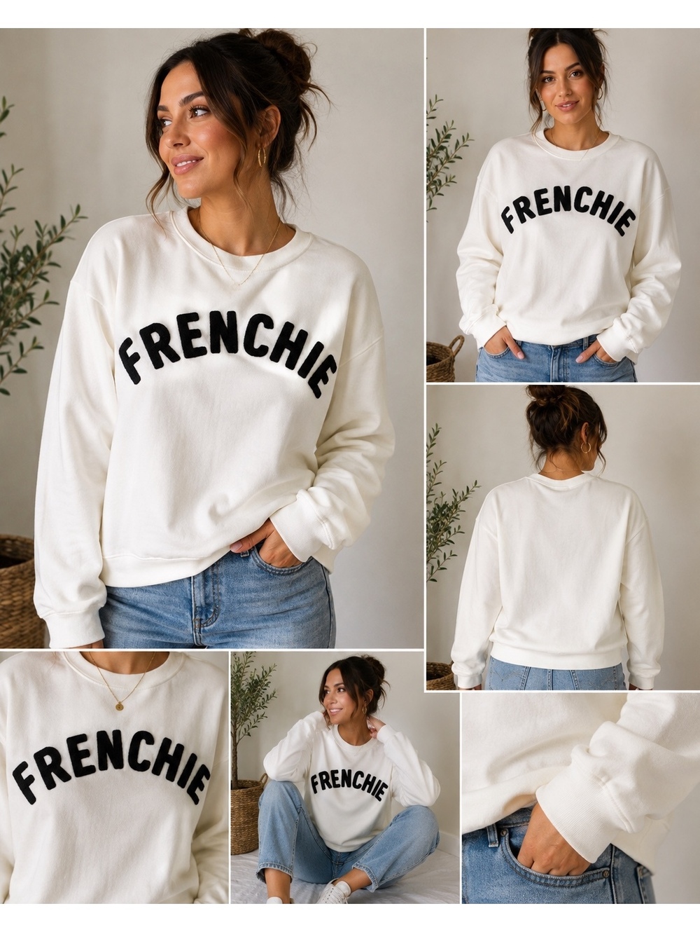 H&M Women’s XL Frenchie Sweatshirt White Black Flocked Graphic Pullover